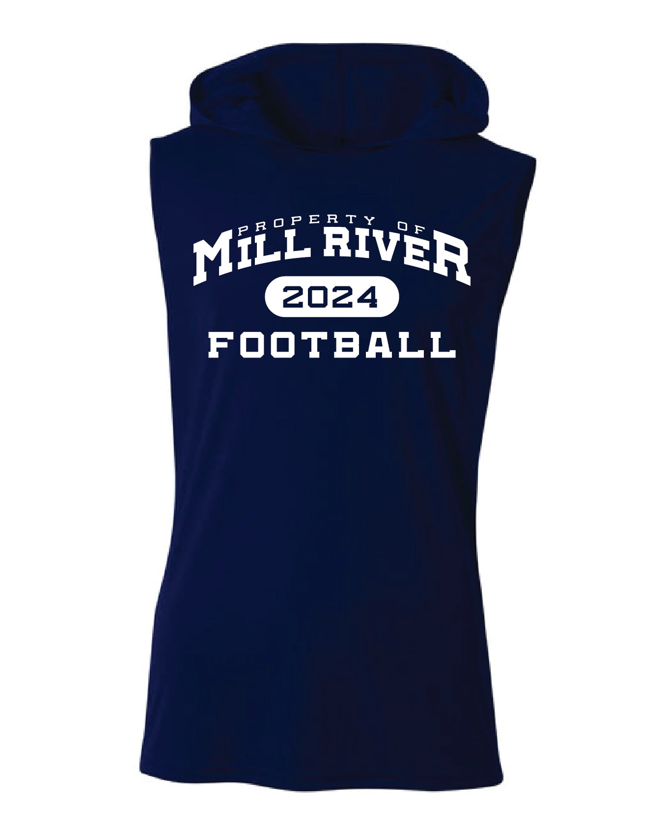 Property of Mill River Football Navy Sleeveless Hooded Sweatshirt